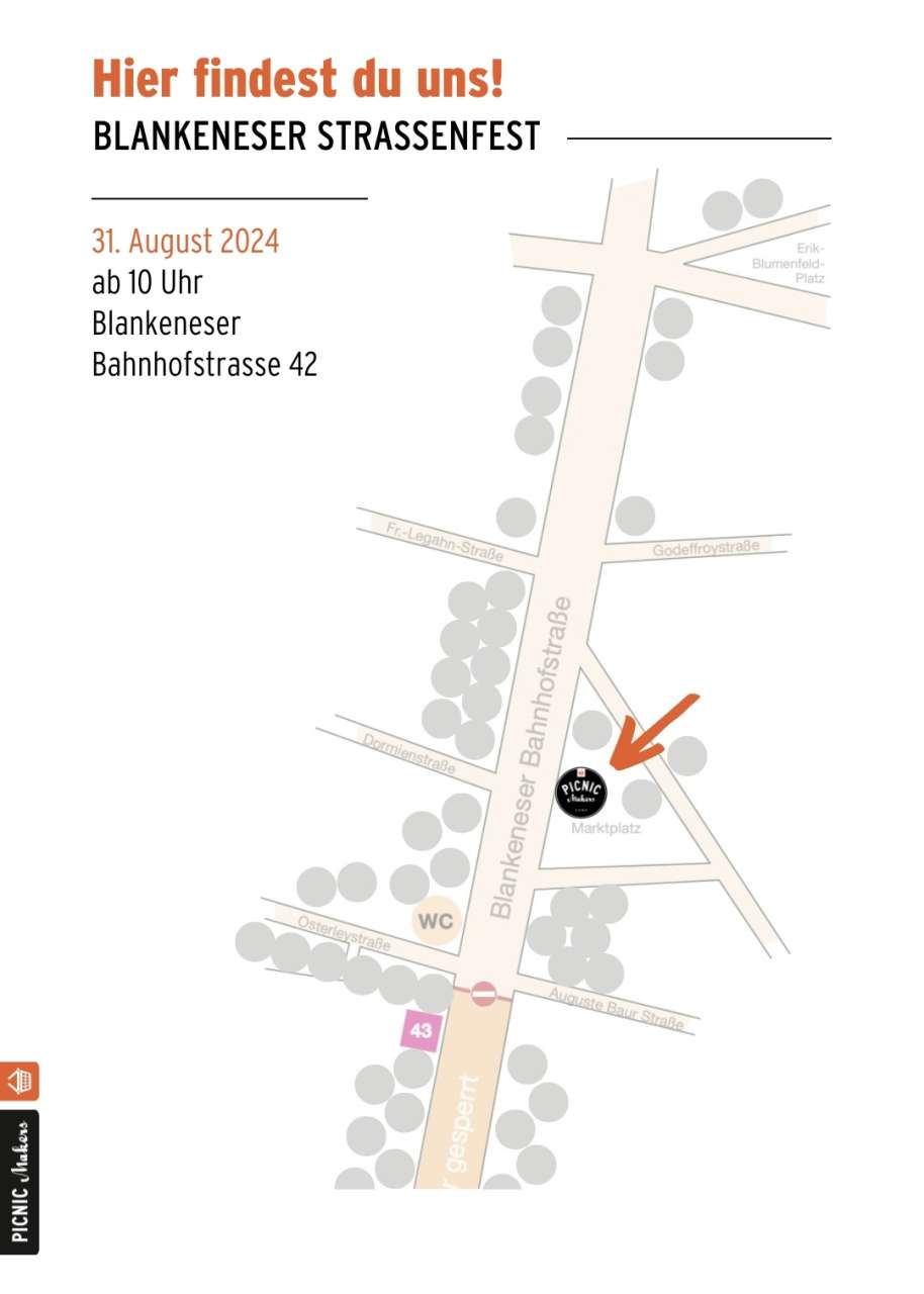 Flyer von suba.picnic.makers einer Karte mit einer Übersicht wo der Stand von suba.picnic.makers auf dem Blankeneser Straßenfest ist.