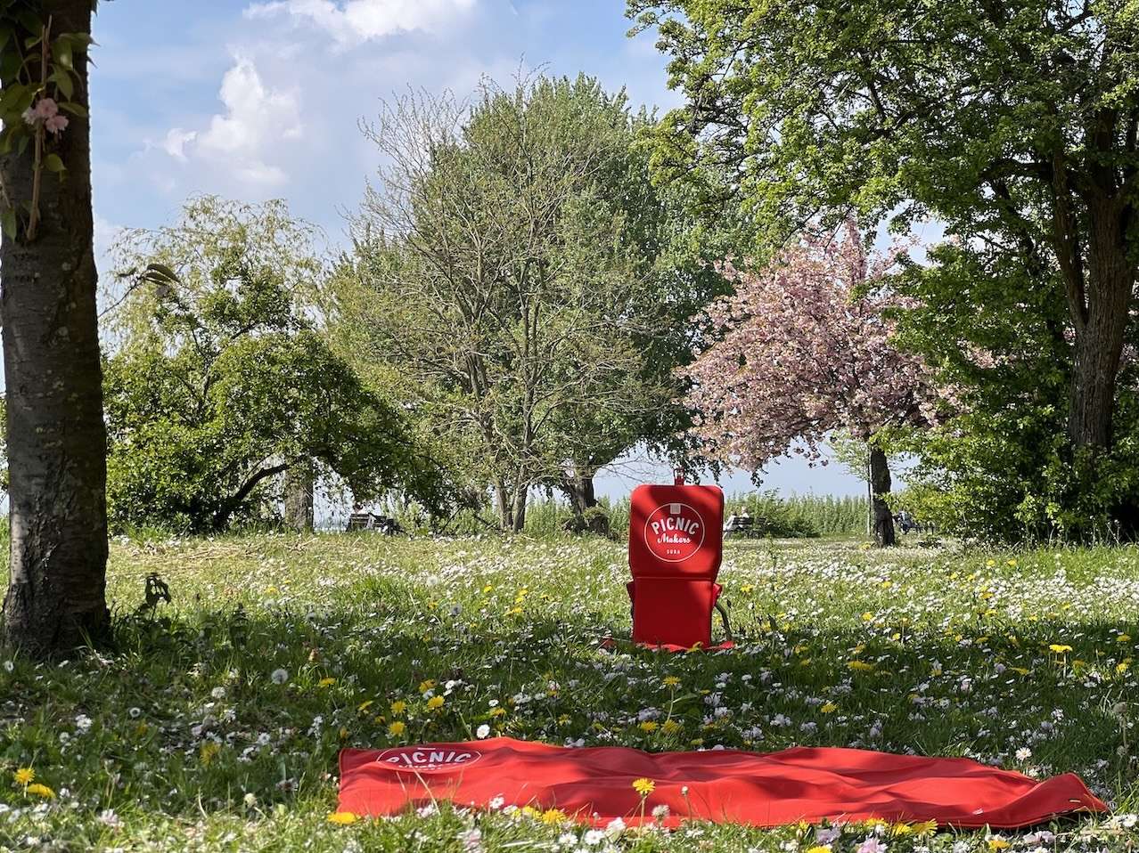 Wildflower meadow with a red suba picnic blanket in the foreground and a suba picnic backrest in the background.