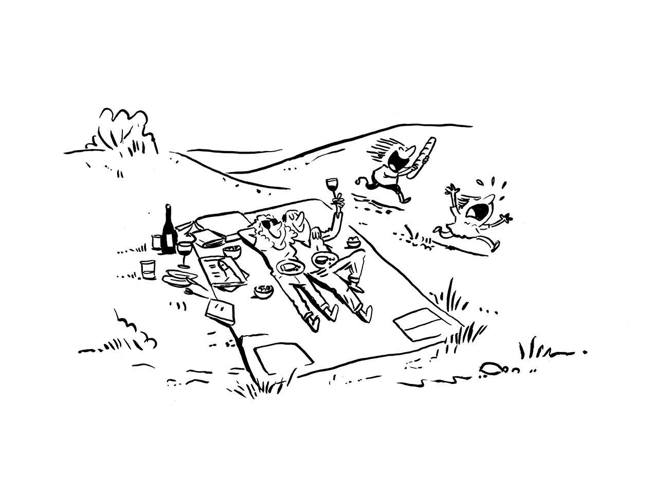 Illustration einer 4-köpfigen Familie beim Picknick, die Eltern auf der Decke, die Kinder am Toben