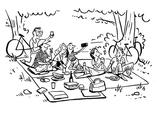 Illustration einer Gruppe von Freunden beim Picknicken