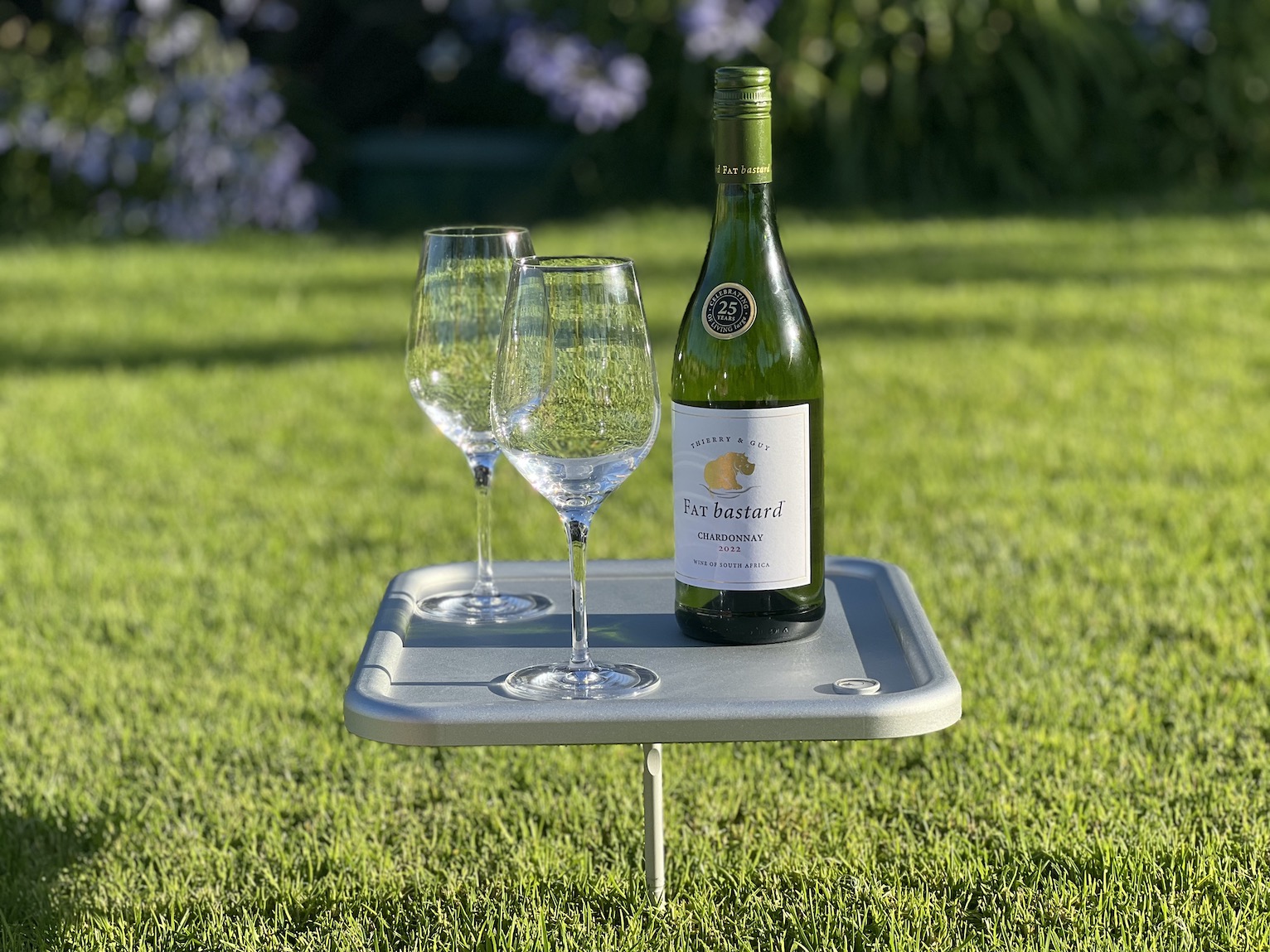 suba.littlebutler picnic table on grass with wine bottle and two glasses in a sunny park scene.